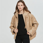 Women's Faux Leather Hooded Jacket - Black Fashion Hoodie
