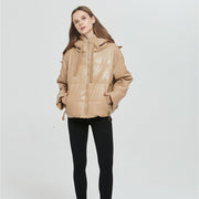 Women's Faux Leather Hooded Jacket - Black Fashion Hoodie