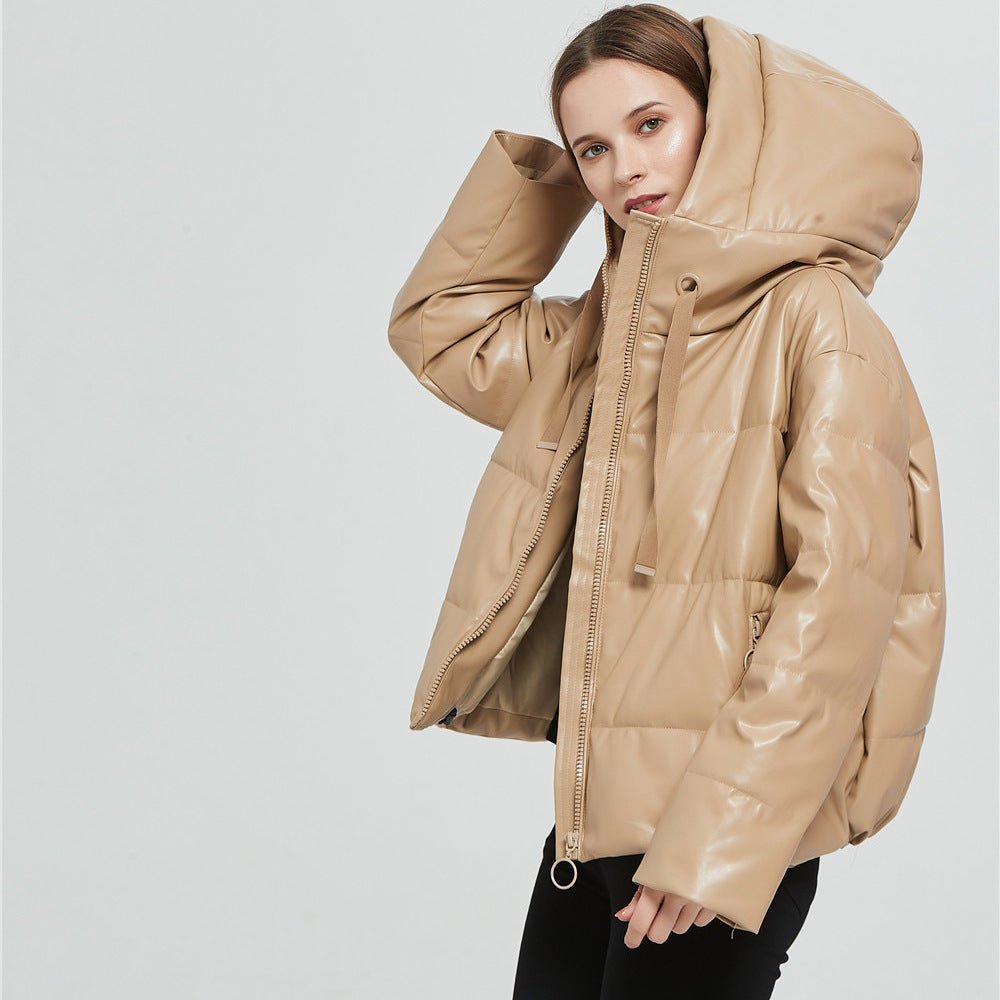 Women's Faux Leather Hooded Jacket - Black Fashion Hoodie