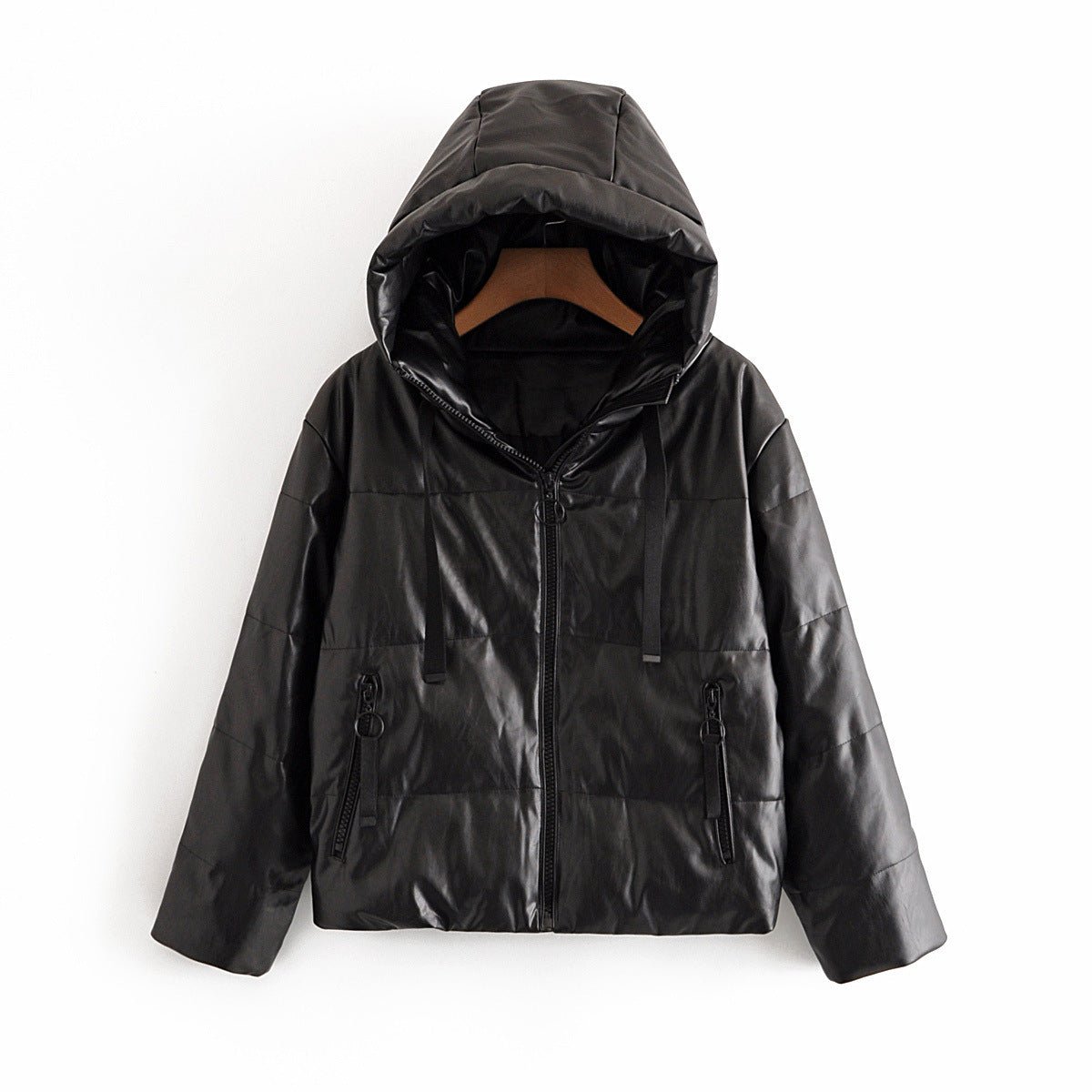 Women's Faux Leather Hooded Jacket - Black Fashion Hoodie