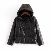 Women's Faux Leather Hooded Jacket - Black Fashion Hoodie
